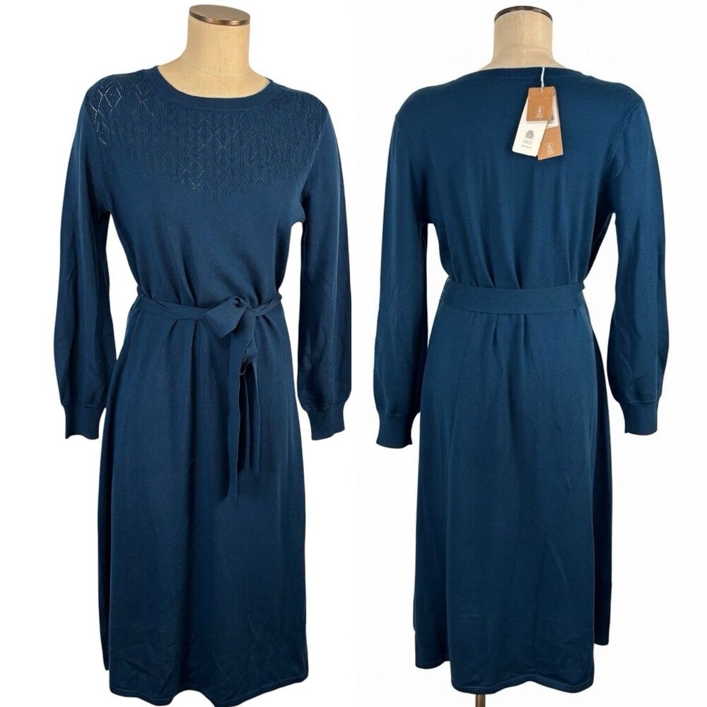 NWT Woolovers Dark Teal Blue 100% Merino Wool Pointelle Detail Dress Size L